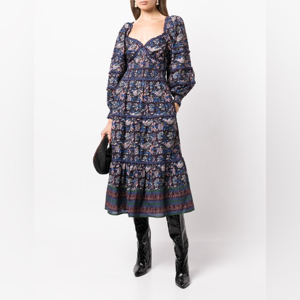 Sea New York Navy and Pink Floral Long Sleeve Tiered Midi Dress